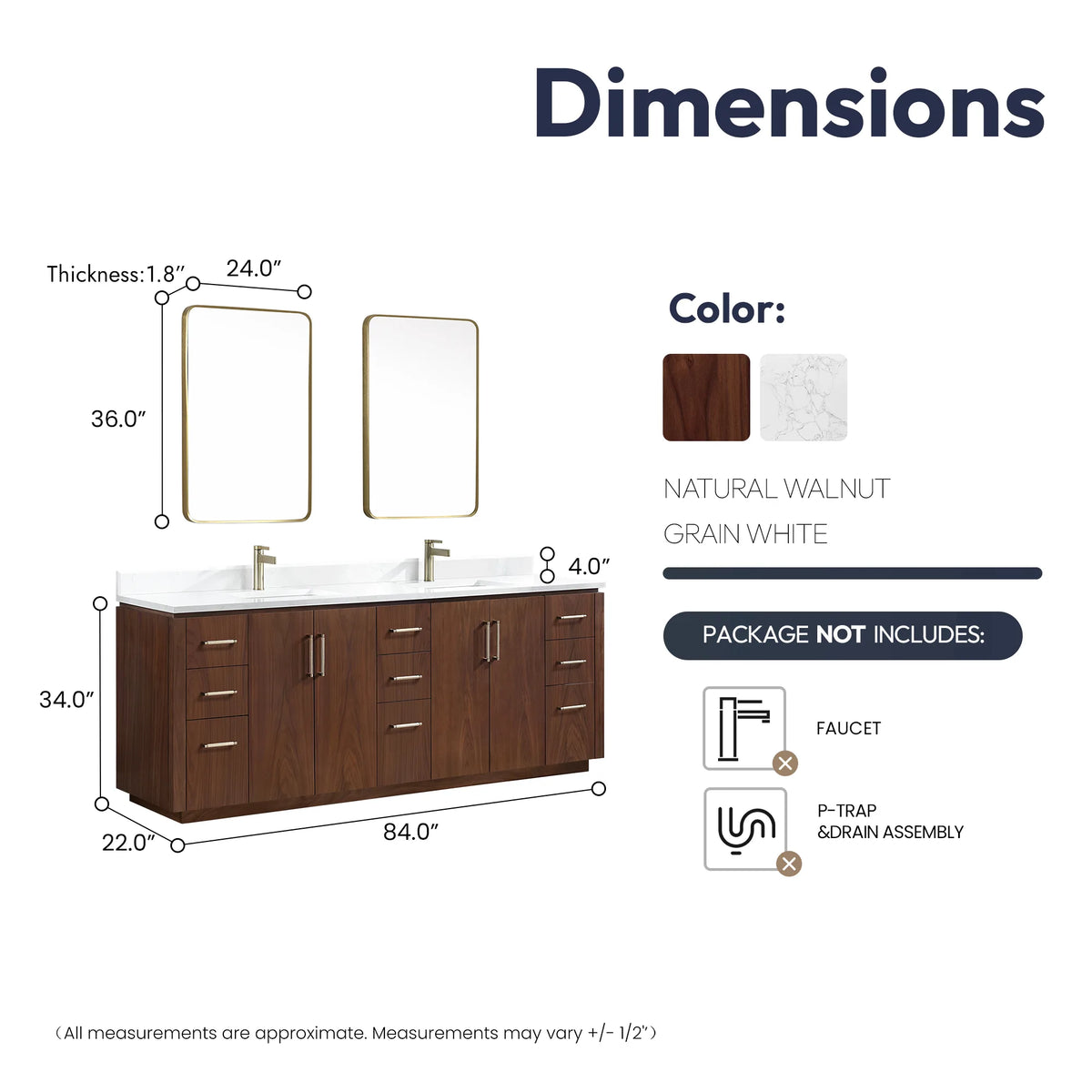 Dimension drawing of the 84 inch double vanity plus mirrors, marking overall width, depth and height