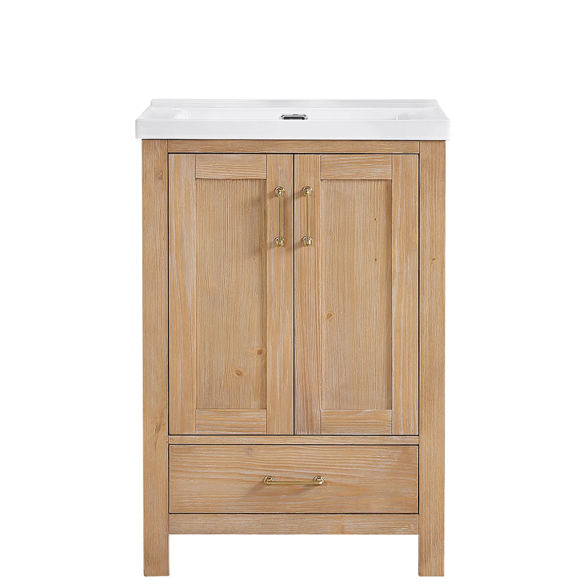 Fir Wood Brown 24 inch single bathroom vanity, white ceramic sink top, two doors, one drawer, gold pulls