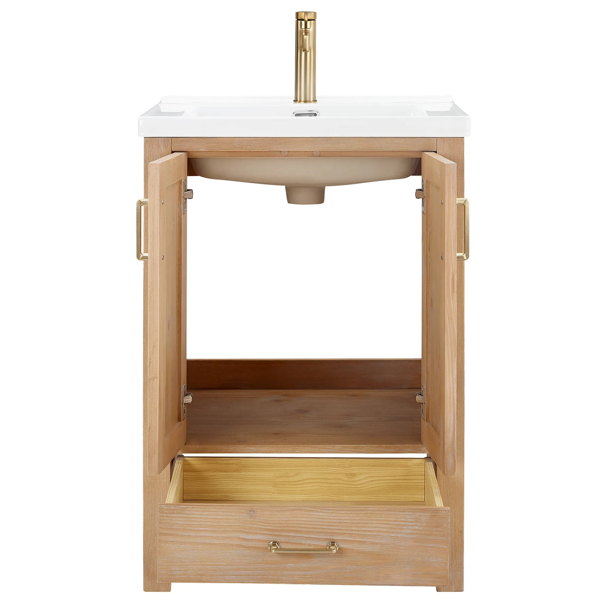 Doors and drawer opened on a white background, front view