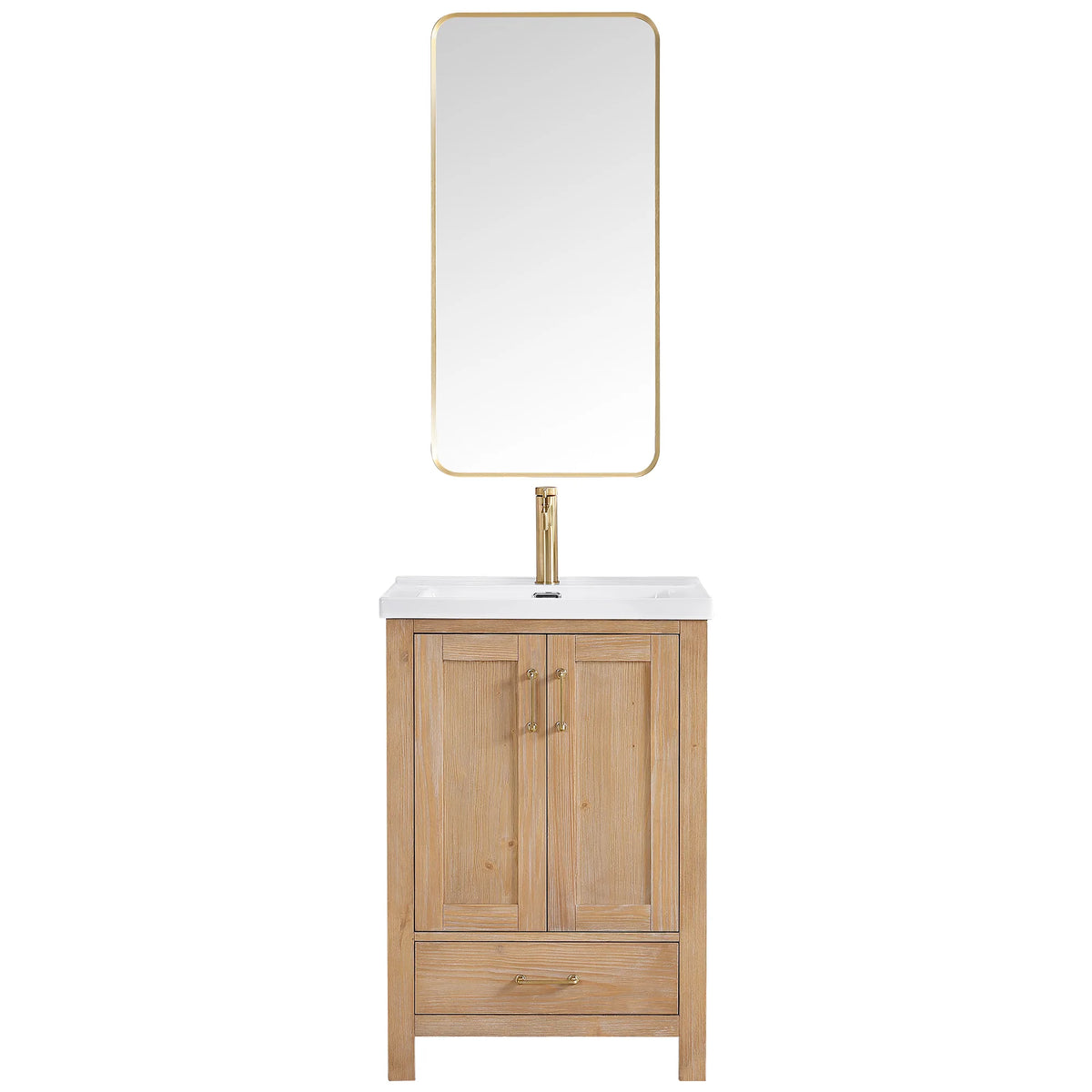Gold-framed mirror above the vanity, front-on against white