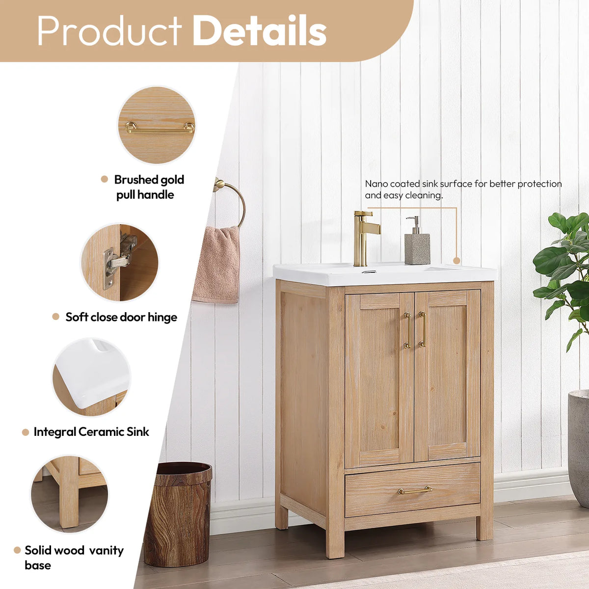 Callout graphic with labeled details on the vanity: gold pull, metal hardware and sink