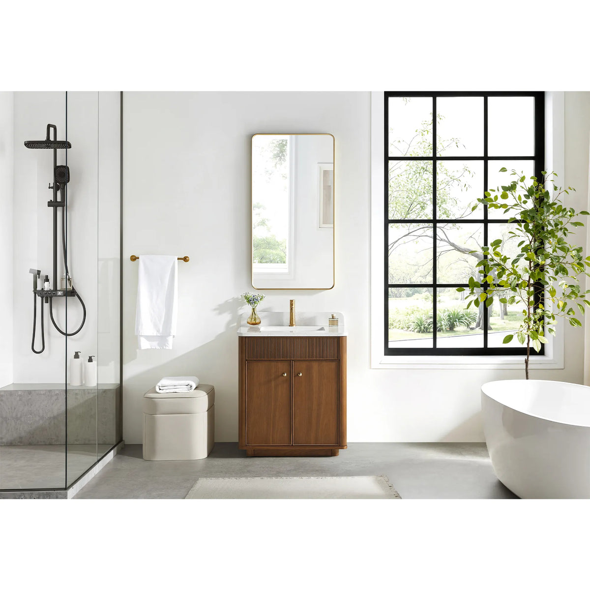 Full room setting for the 30 inch vanity in Natural Walnut, a glass shower on one side and a tub on the other