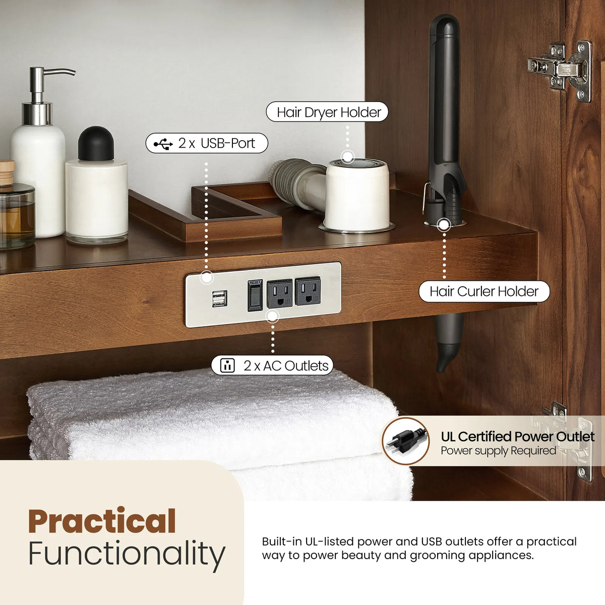 Cabinet storage with built-in power and USB outlets plus a hair dryer holder, each labeled