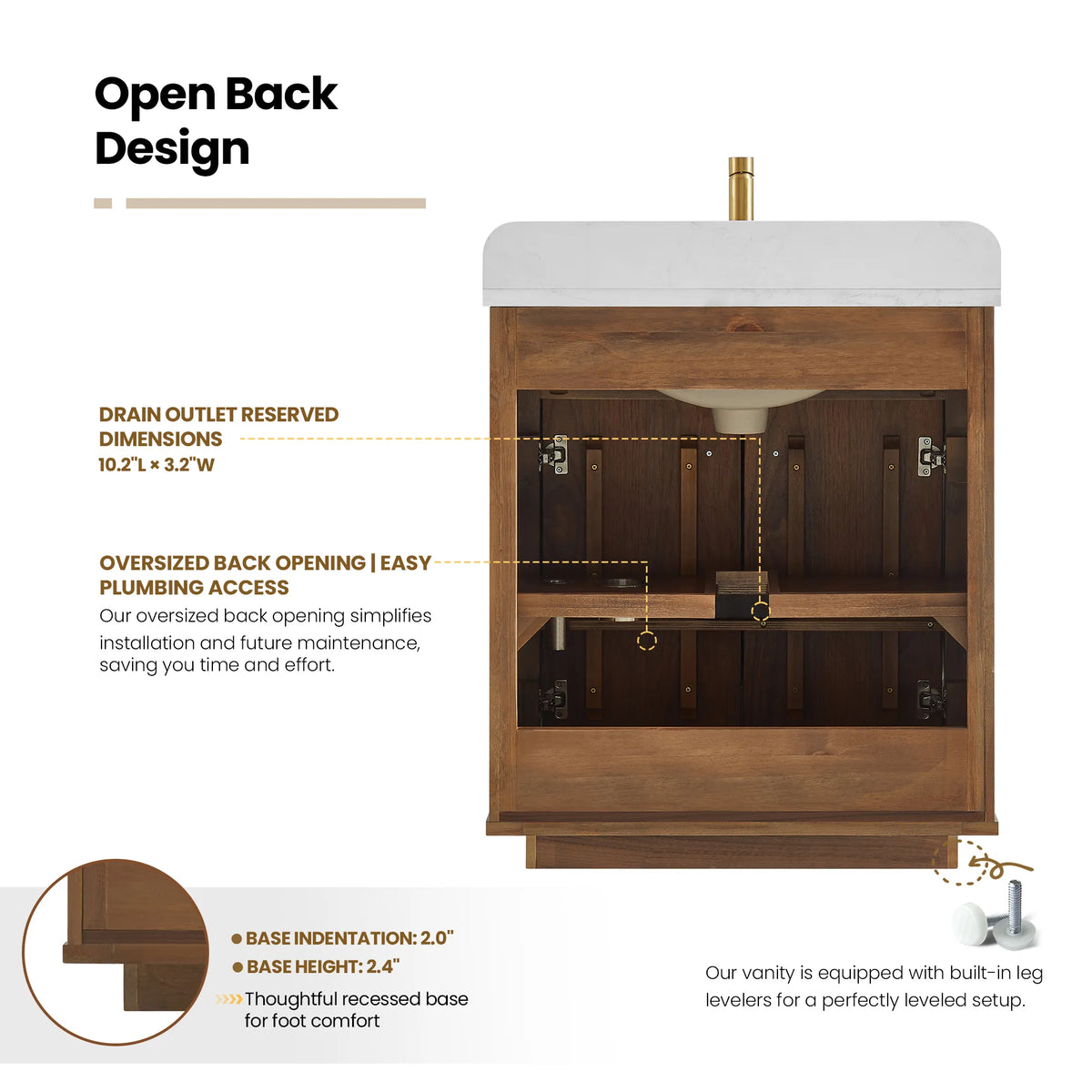 Rear diagram of the Natural Walnut cabinet, labeled with the oversized back opening for plumbing