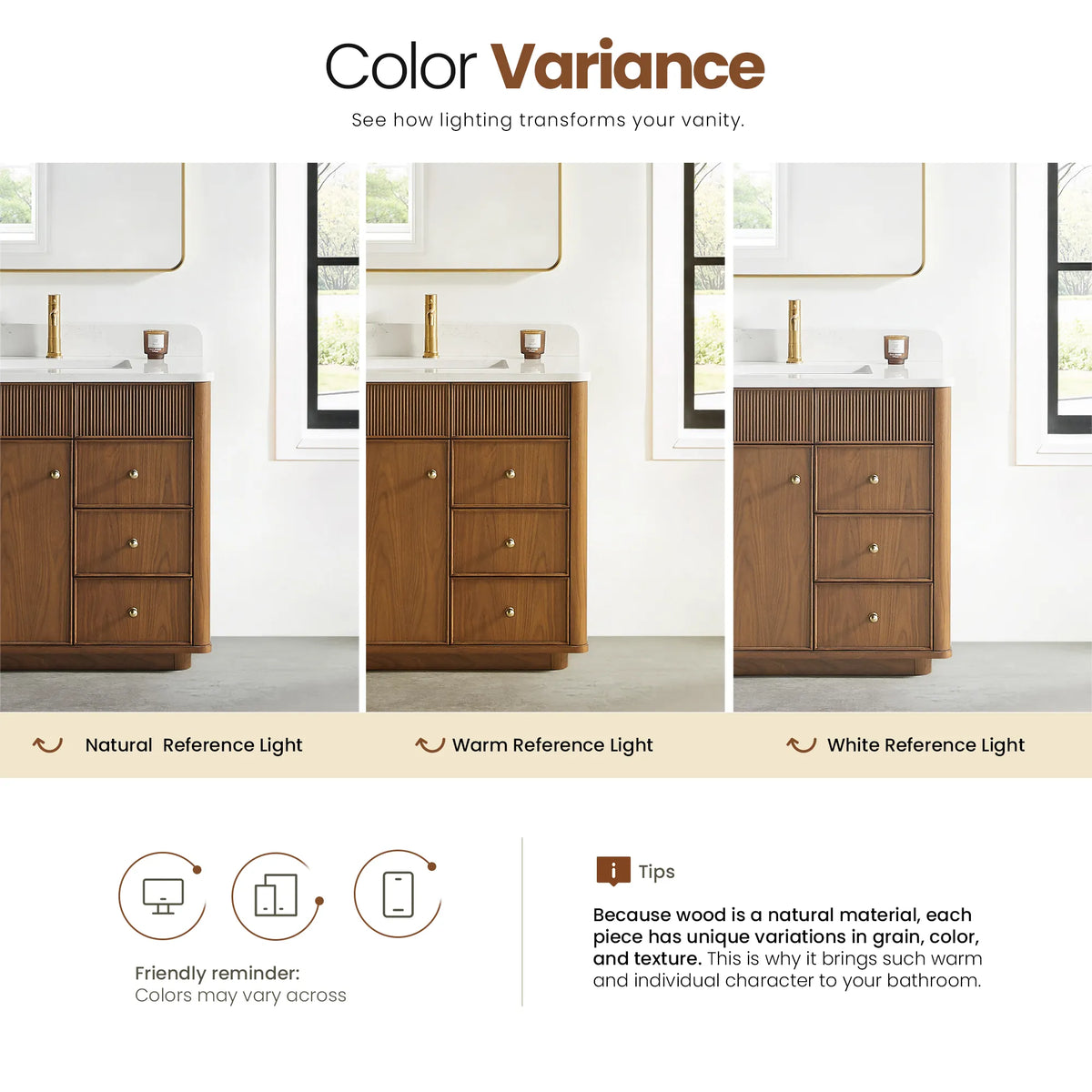 Tip card that wood grain and color vary, with the Natural Walnut vanity in natural, warm and white reference light