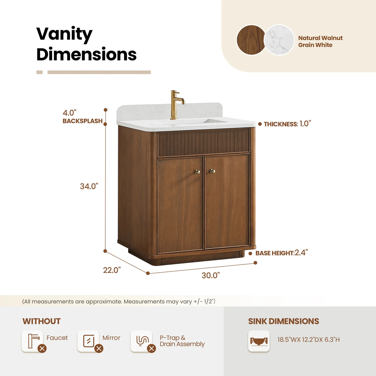 Size diagram for the Natural Walnut vanity: 30.0 by 22.0 by 34.0 inches