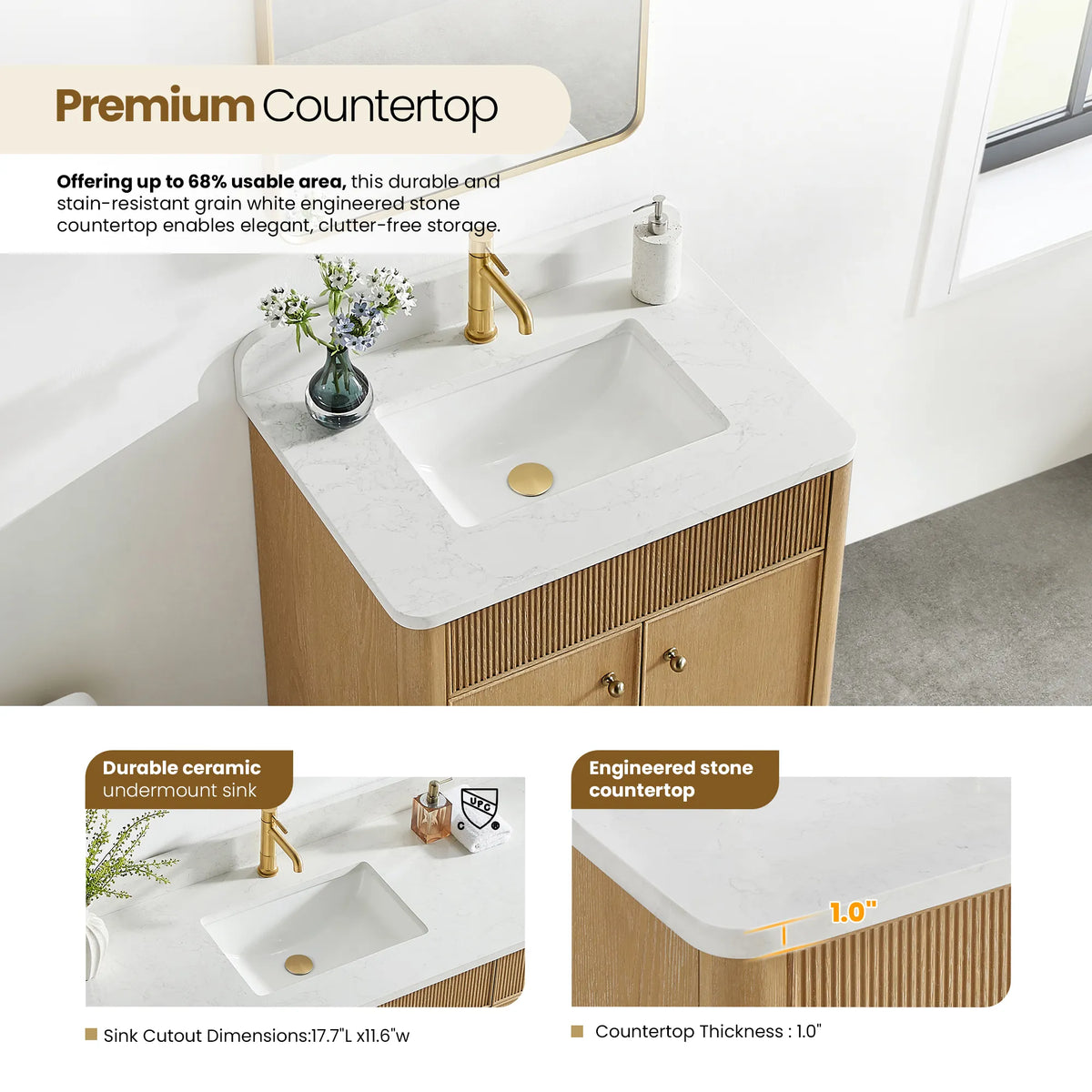 Close view of the sink area with insets for the ceramic sink and the composite stone top edge