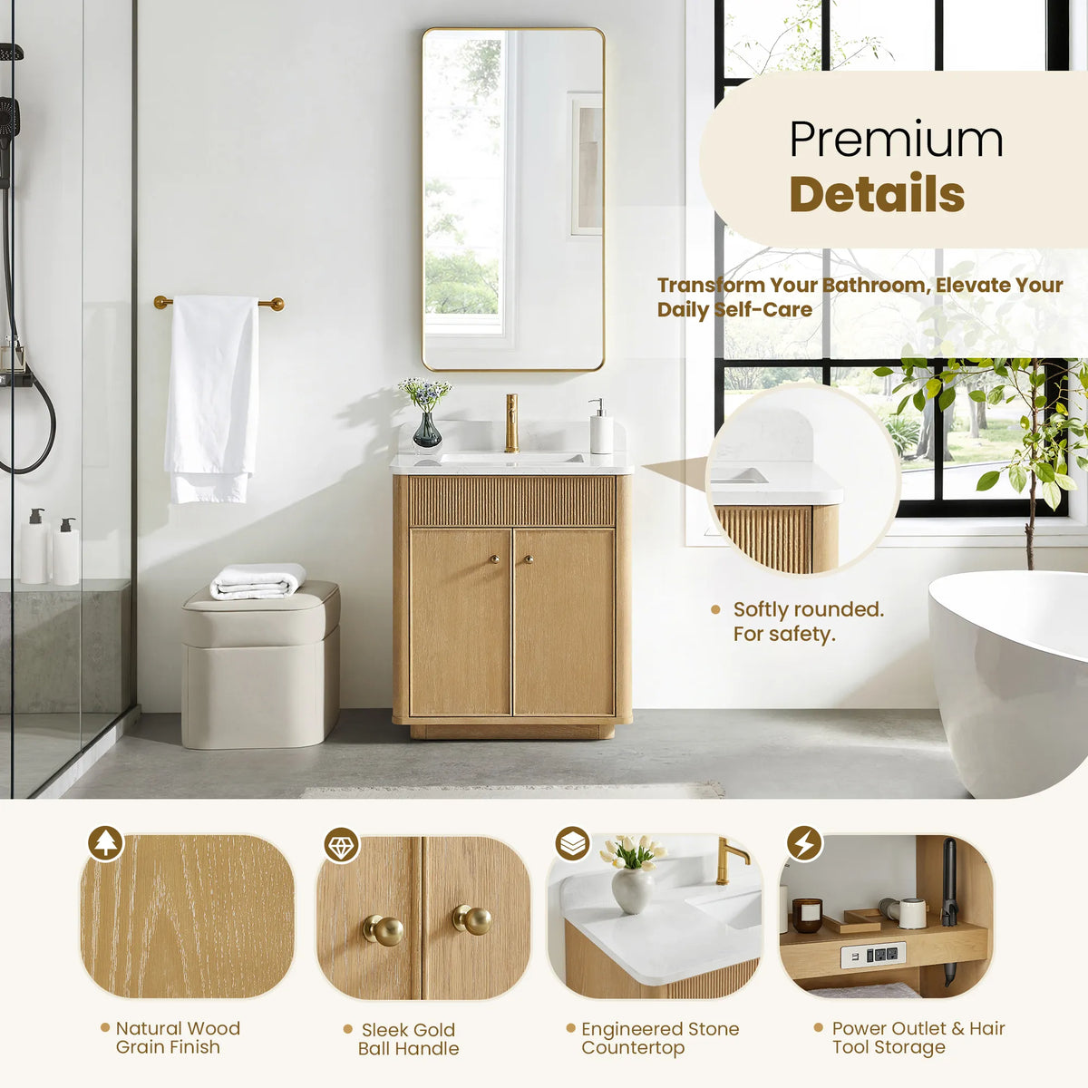 Bathroom view with a detail strip: wood grain, gold ball handle, stone top and hair tool outlets