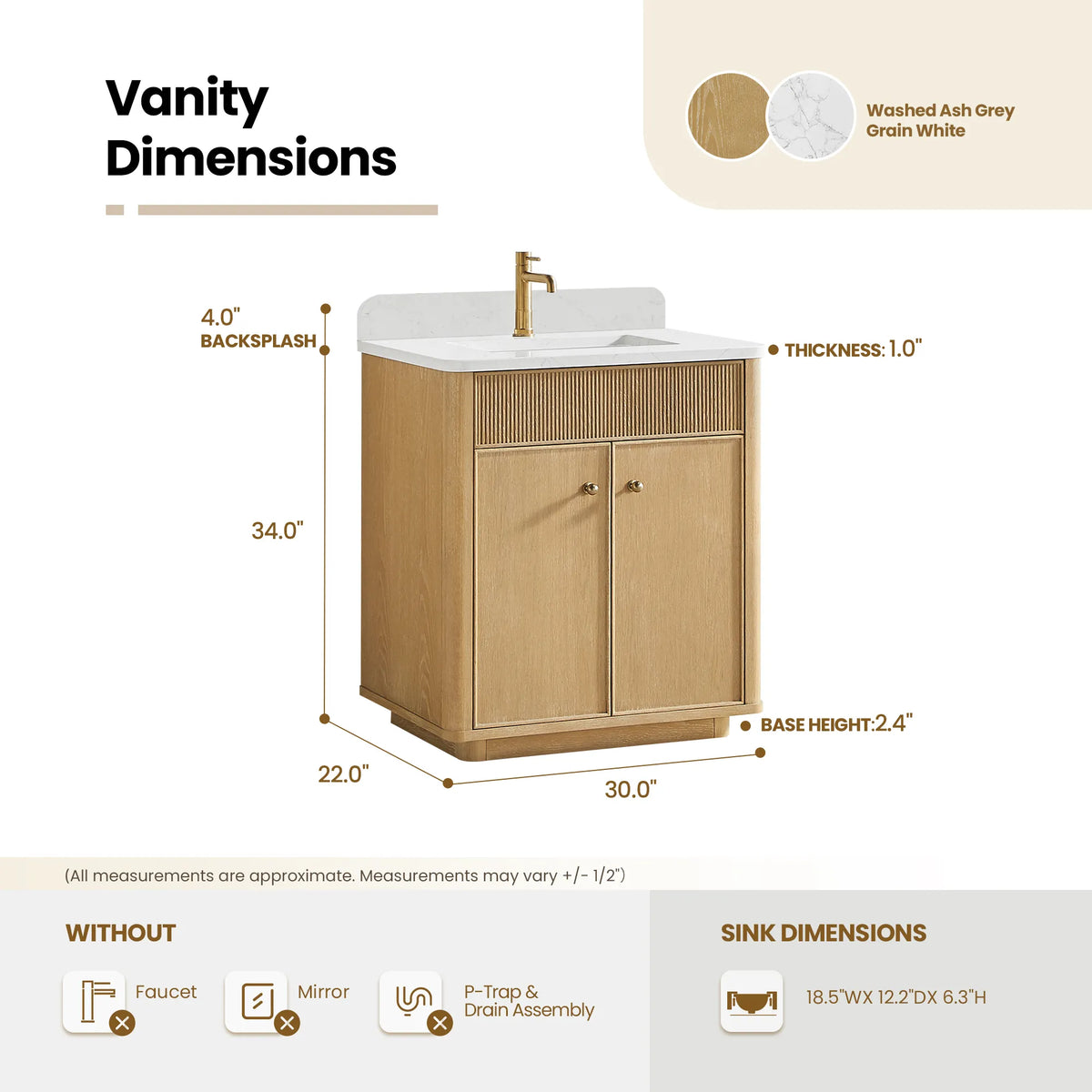Size diagram for the Washed Ash Grey vanity: 30.0 by 22.0 by 34.0 inches