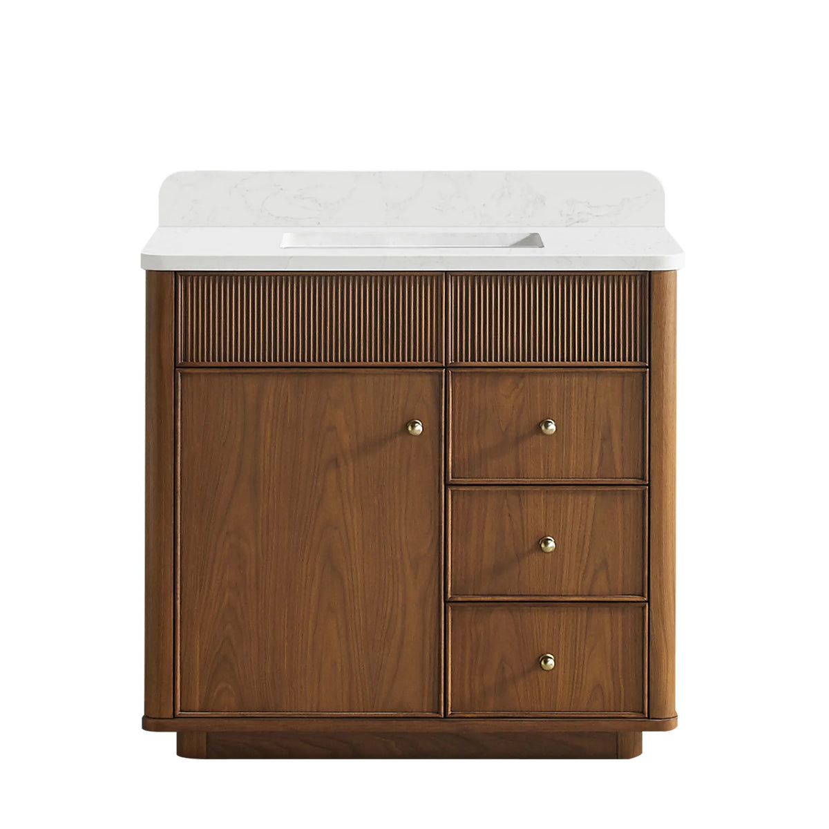 Natural Walnut 36 inch single sink bathroom vanity, one-door and three-drawer cabinet with a fluted top rail, on white