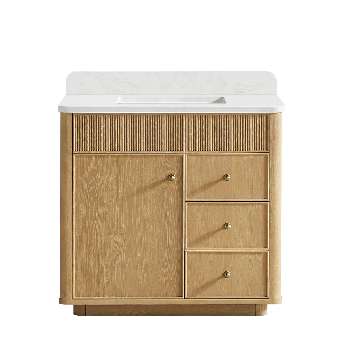 Washed Ash Grey 36 inch single sink bathroom vanity, one-door and three-drawer cabinet with a fluted top rail, on white