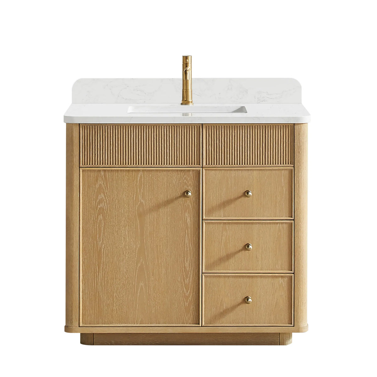 Washed Ash Grey single sink vanity at 36 inch on white, pictured with a gold faucet (not included)