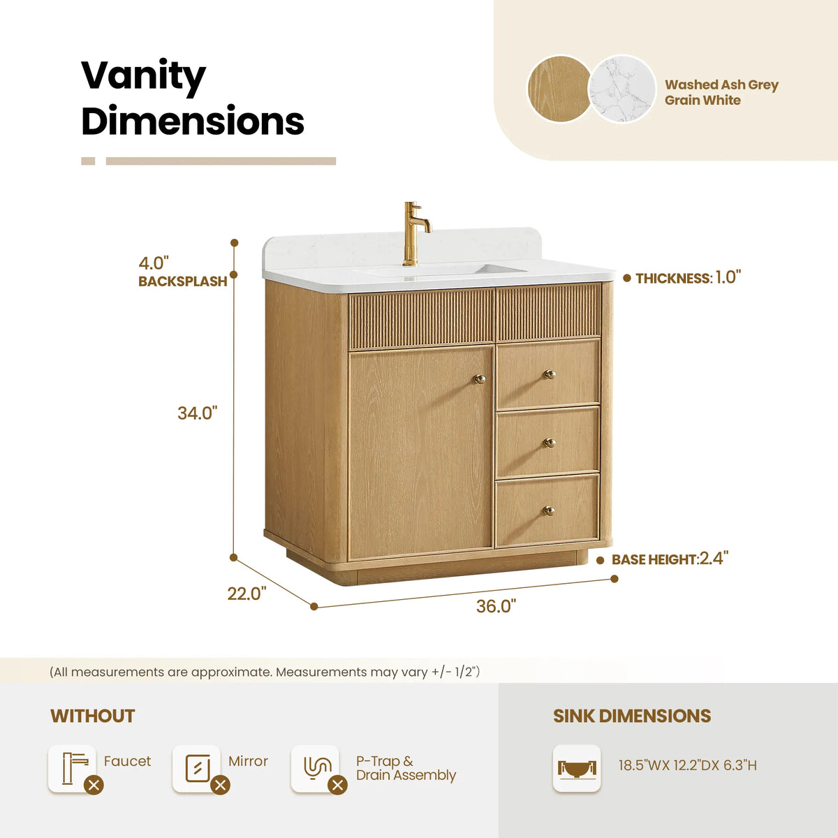 Size diagram for the Washed Ash Grey vanity: 36.0 by 22.0 by 34.0 inches
