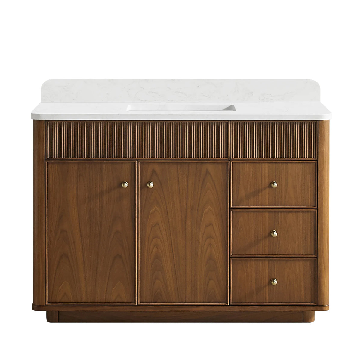Natural Walnut 48 inch single sink bathroom vanity, two-door and three-drawer cabinet with a fluted top rail, on white