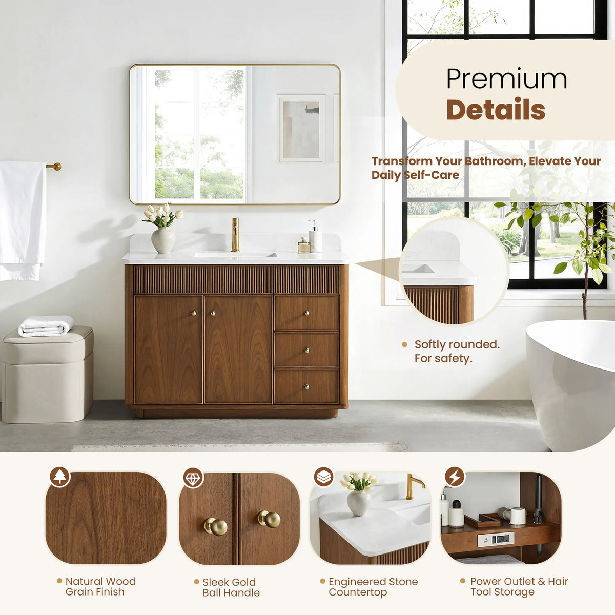 Bathroom view with a detail strip: wood grain, gold ball handle, stone top and hair tool outlets