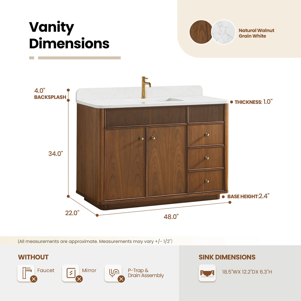 Size diagram for the Natural Walnut vanity: 48.0 by 22.0 by 34.0 inches
