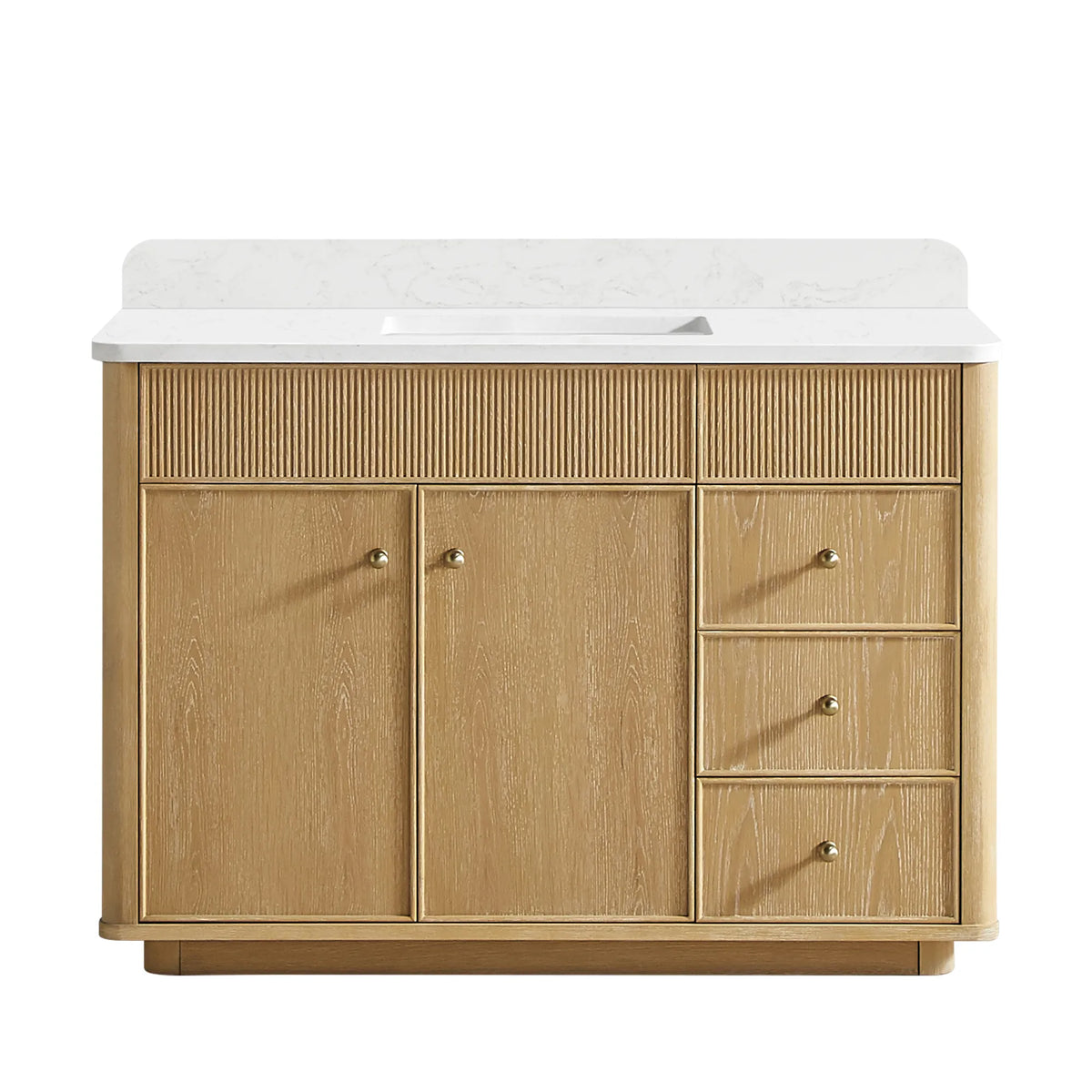 Washed Ash Grey 48 inch single sink bathroom vanity, two-door and three-drawer cabinet with a fluted top rail, on white