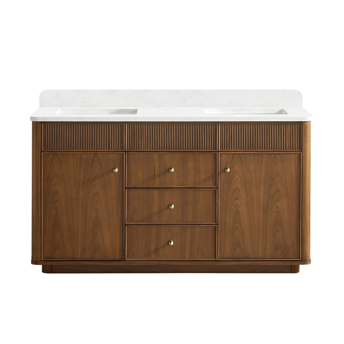 Natural Walnut 60 inch double sink bathroom vanity, two-door and three-drawer cabinet with a fluted top rail, on white