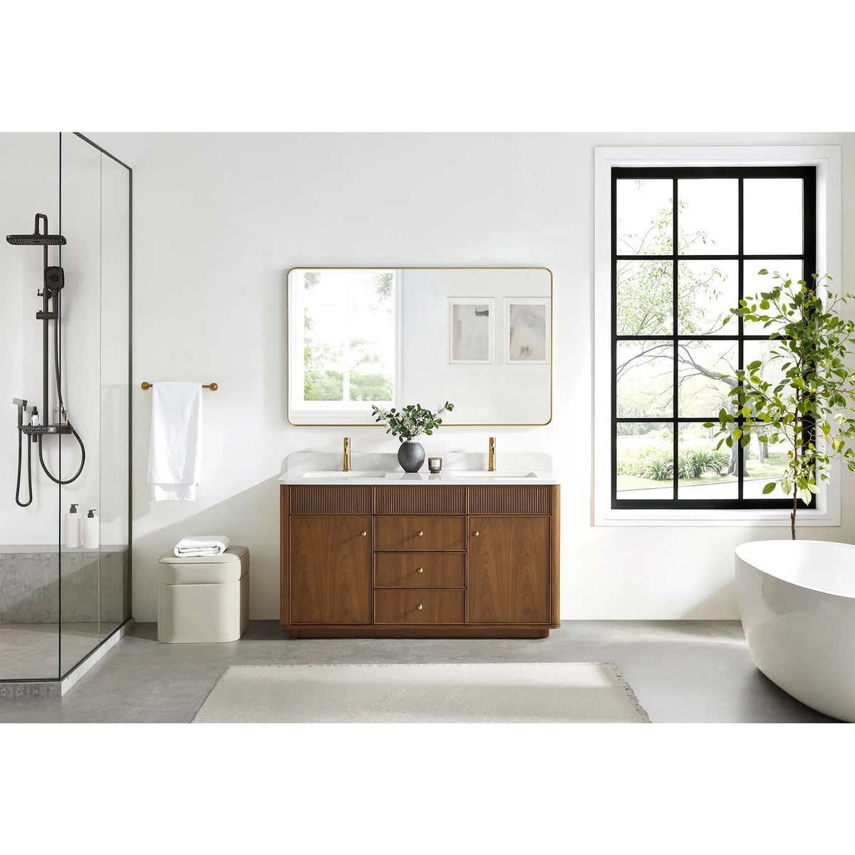 Full room setting for the 60 inch vanity in Natural Walnut, a glass shower on one side and a tub on the other
