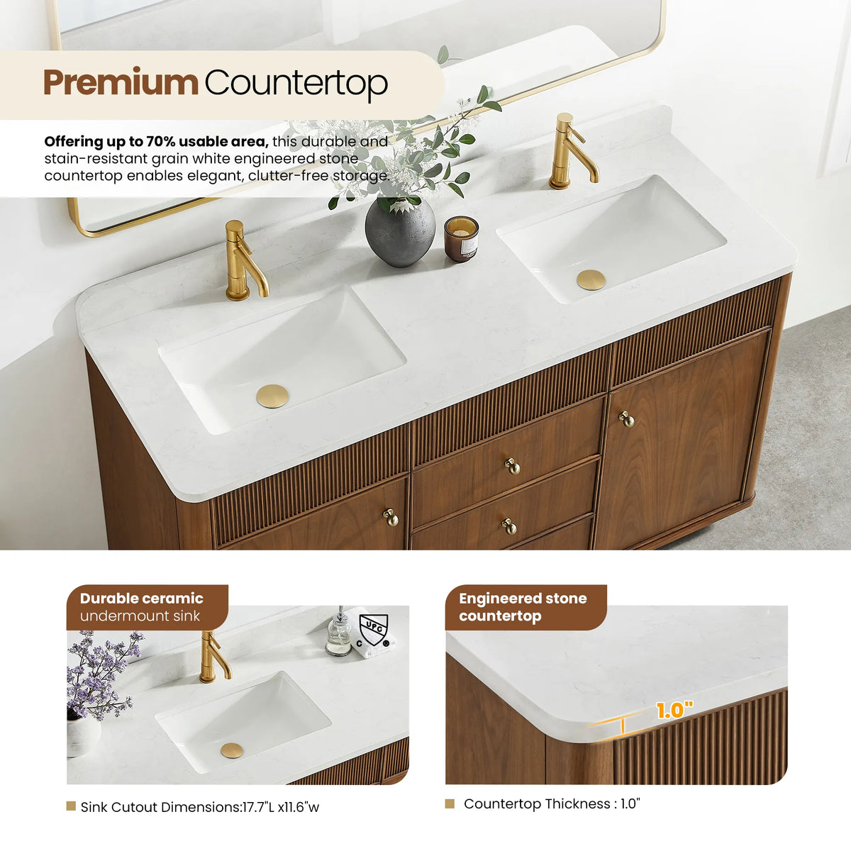 Close view of the sink area with insets for the ceramic sink and the composite stone top edge