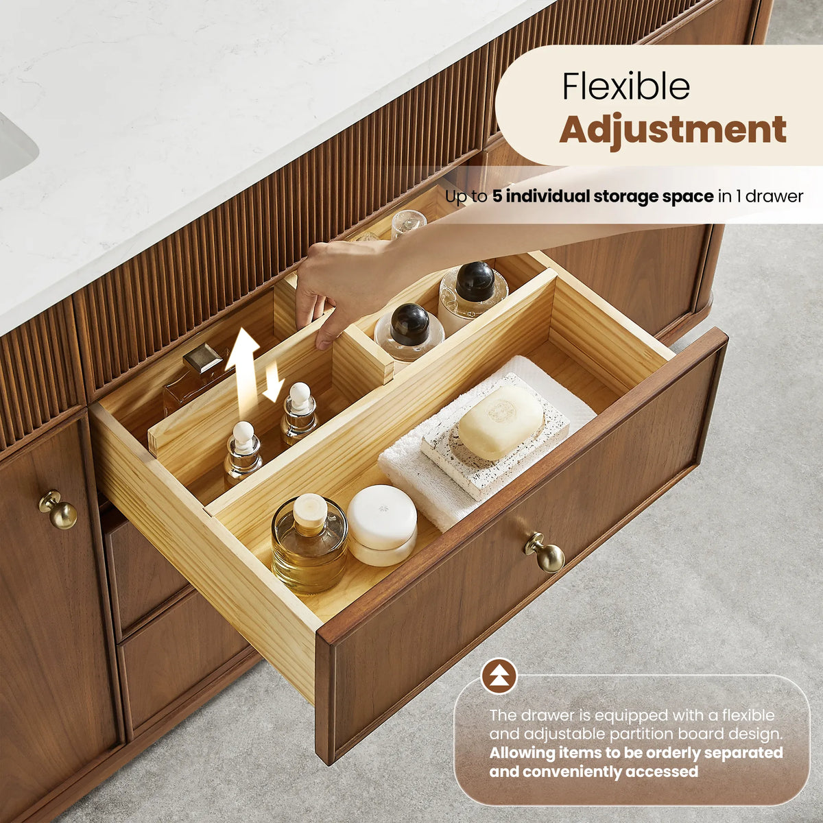Open drawer on the Natural Walnut vanity with partition storage holding bottles, soap and small jars