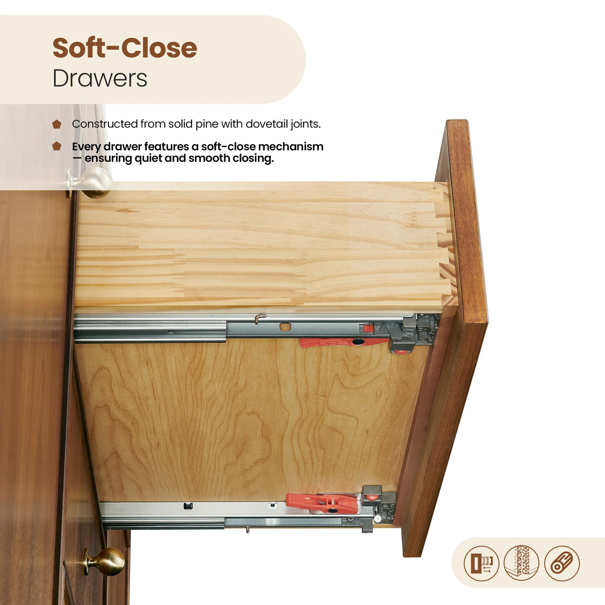 Close view of dovetail drawer construction and the extension slide, noted as soft-close