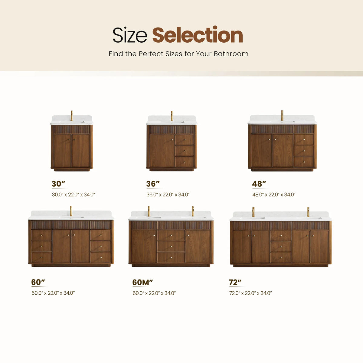 Size chart of the Natural Walnut vanity with width, depth and height listed under each size
