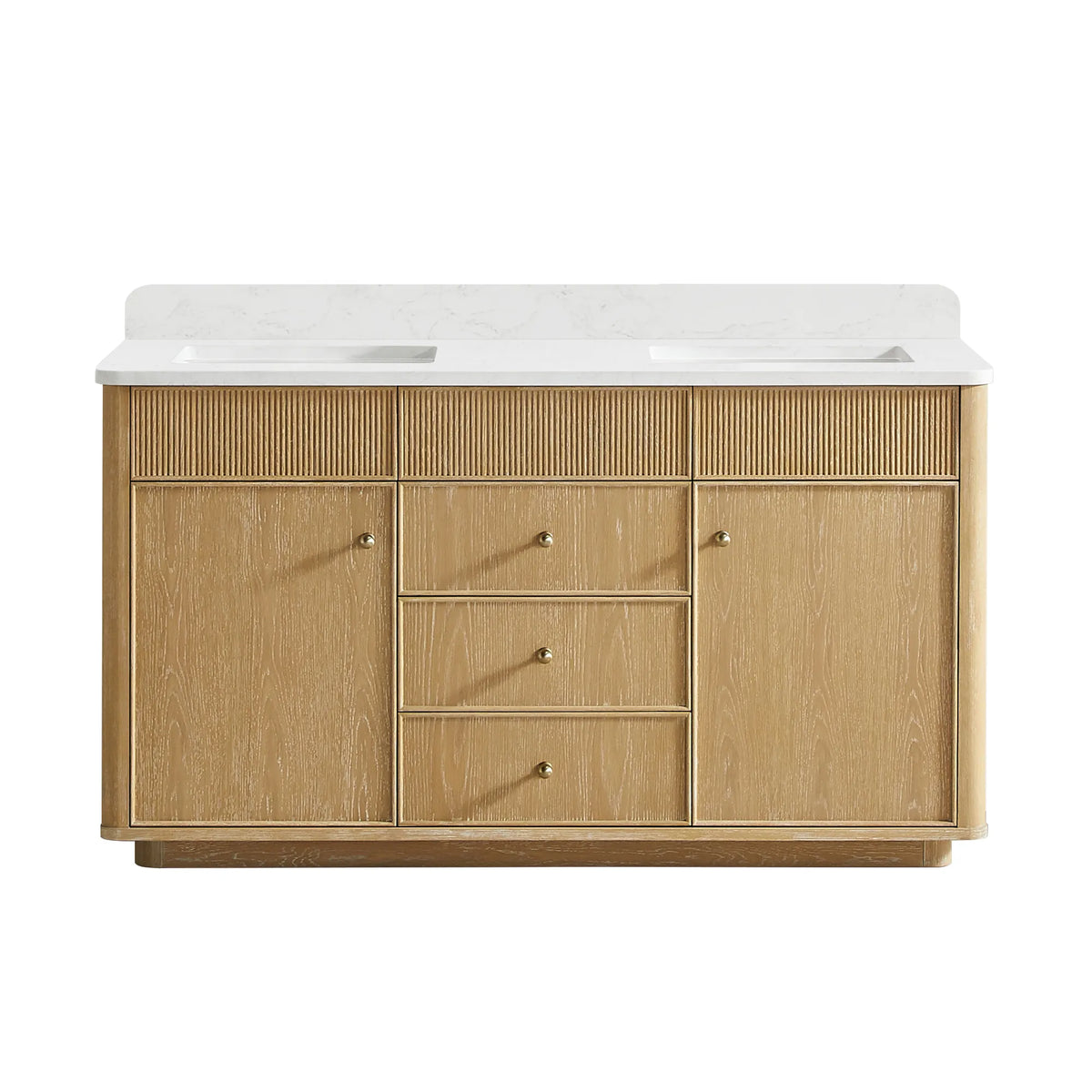 Washed Ash Grey 60 inch double sink bathroom vanity, two-door and three-drawer cabinet with a fluted top rail, on white