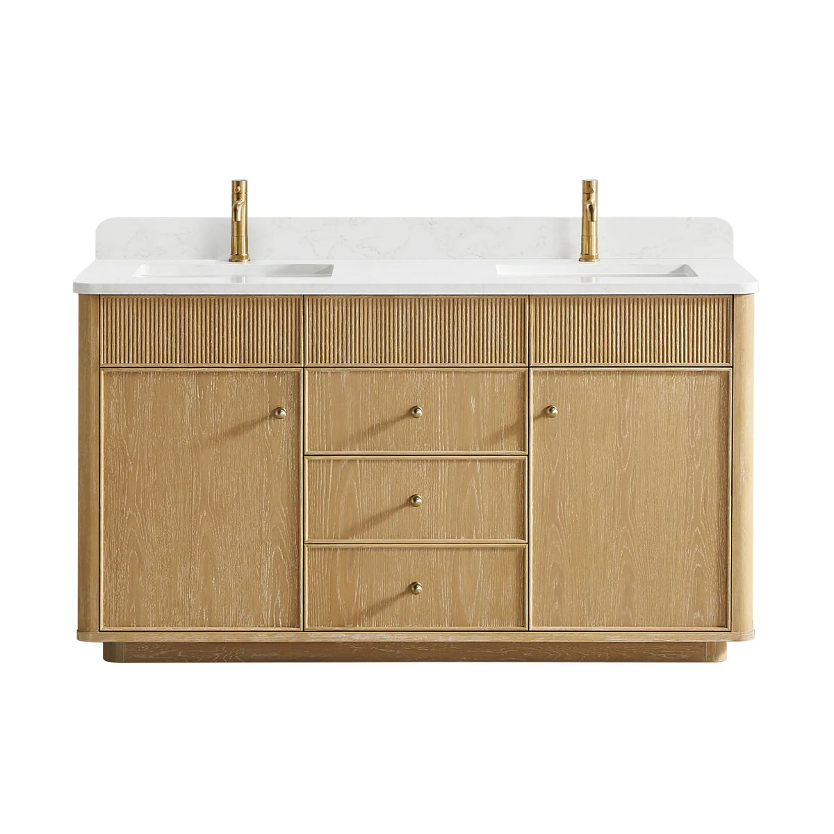 Washed Ash Grey double sink vanity at 60 inch on white, pictured with two gold faucets (not included)