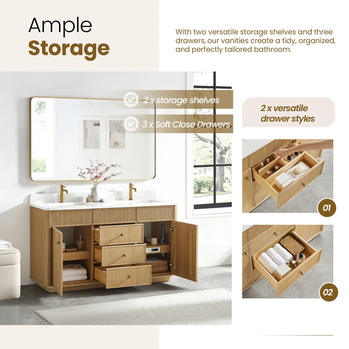 Storage callout listing two fixed shelves and three soft-close drawers, with drawer interiors