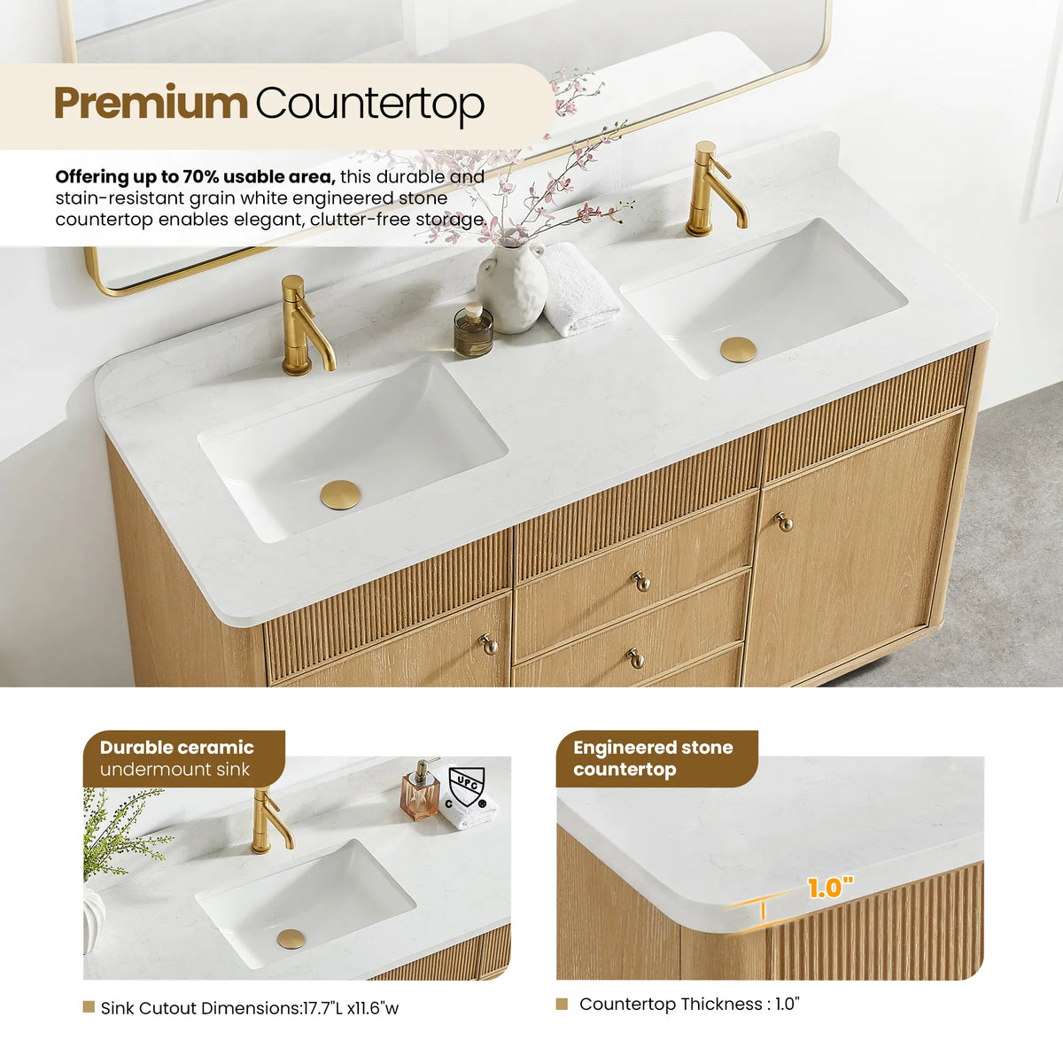 Close view of the sink area with insets for the ceramic sink and the composite stone top edge