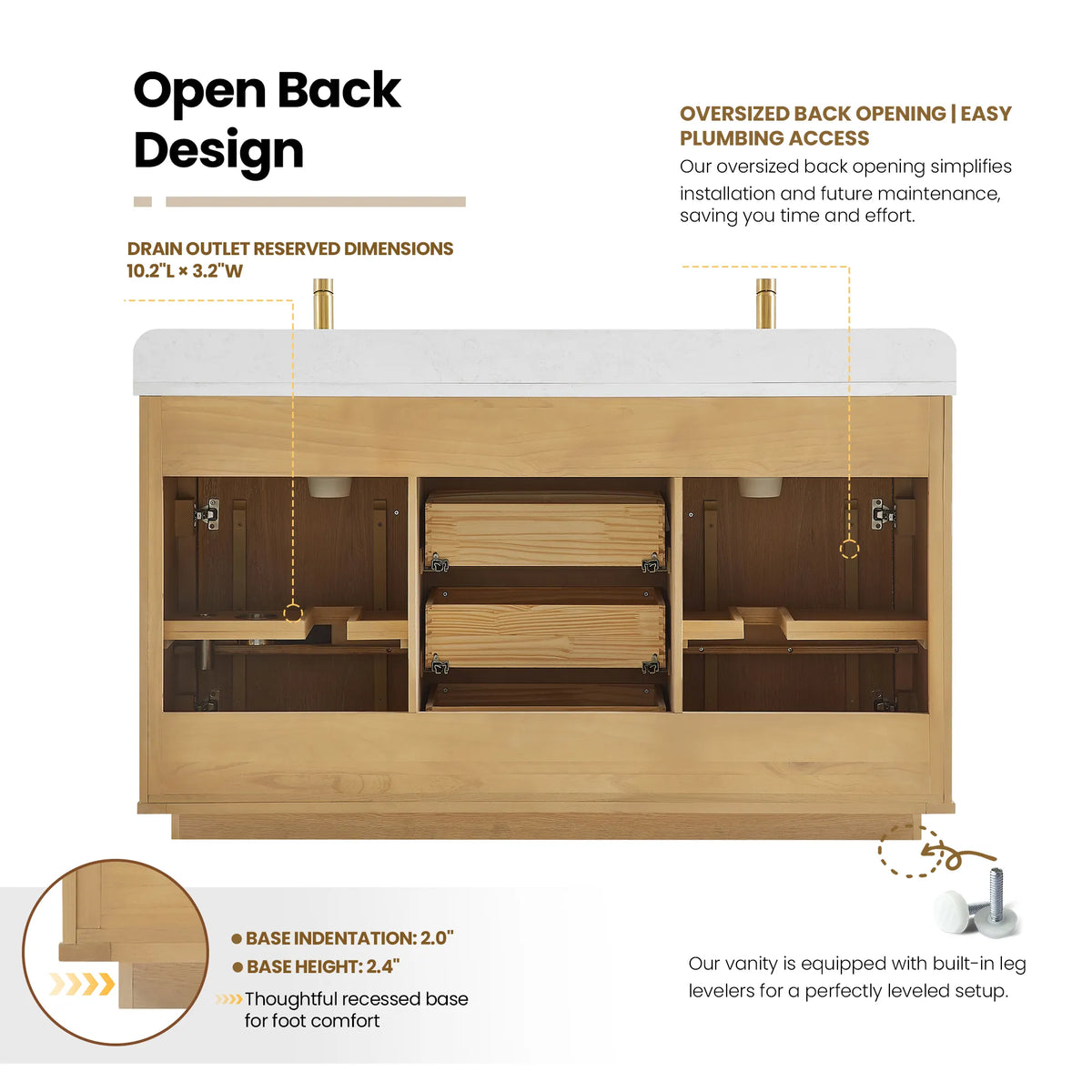 Rear diagram of the Washed Ash Grey cabinet, labeled with the oversized back opening for plumbing
