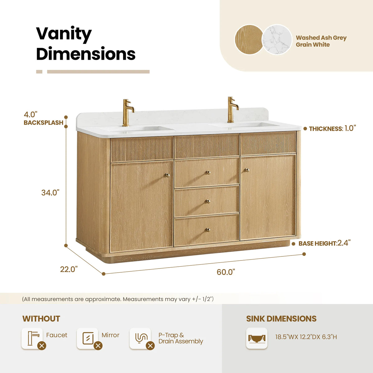 Size diagram for the Washed Ash Grey vanity: 60.0 by 22.0 by 34.0 inches