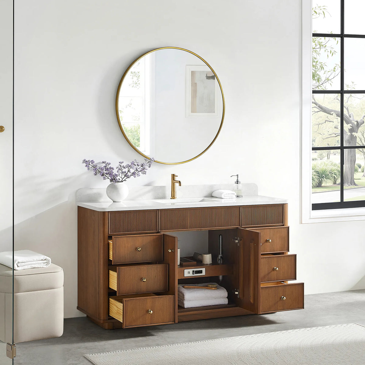 Open storage on the Natural Walnut vanity: doors and drawers swung back and towels stacked on the shelf