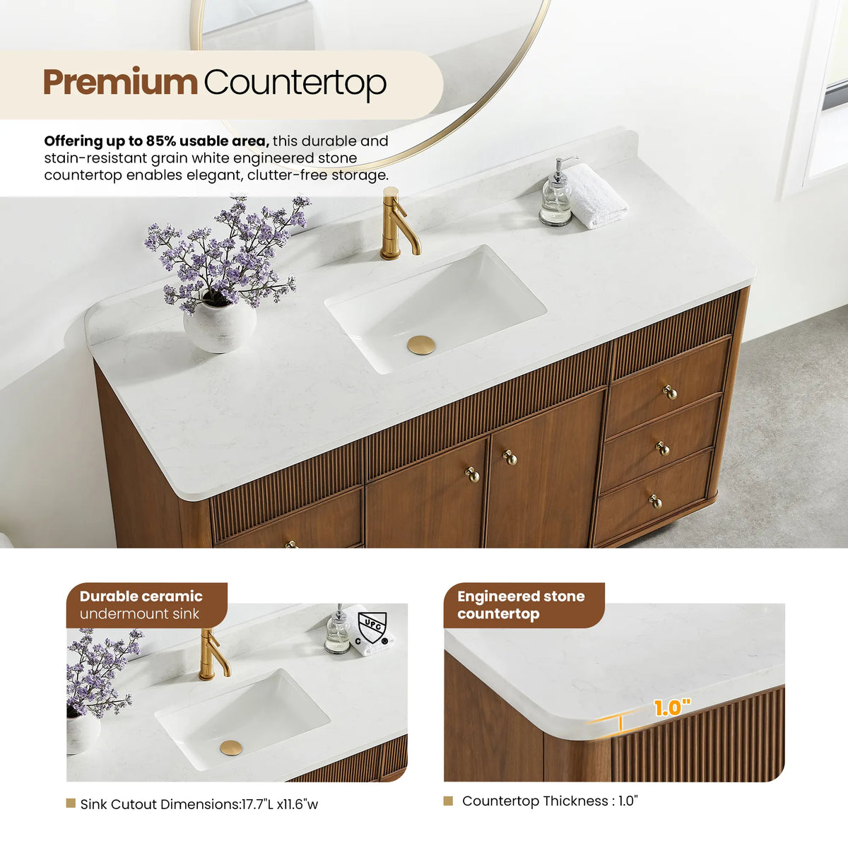 Close view of the sink area with insets for the ceramic sink and the composite stone top edge