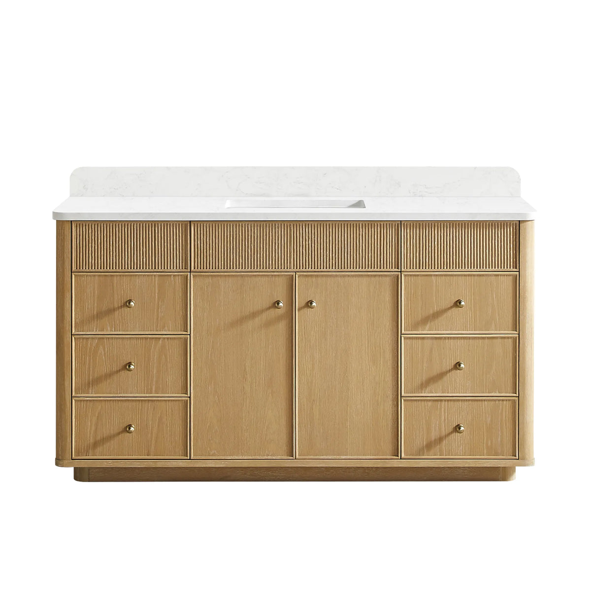 Washed Ash Grey 60 inch bathroom vanity, two-door and six-drawer cabinet with a fluted top rail, on white