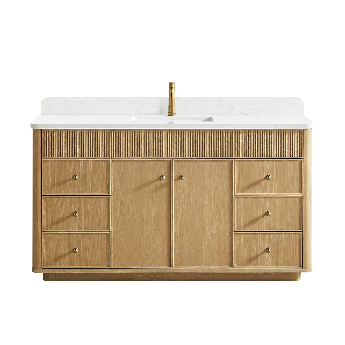 Washed Ash Grey vanity at 60 inch on white, pictured with a gold faucet (not included)