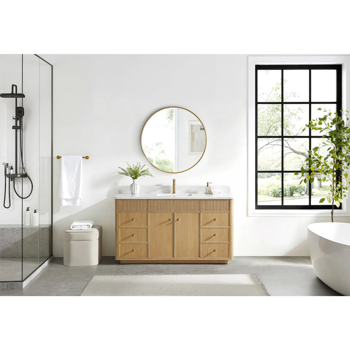 Full room setting for the 60 inch vanity in Washed Ash Grey, a glass shower on one side and a tub on the other