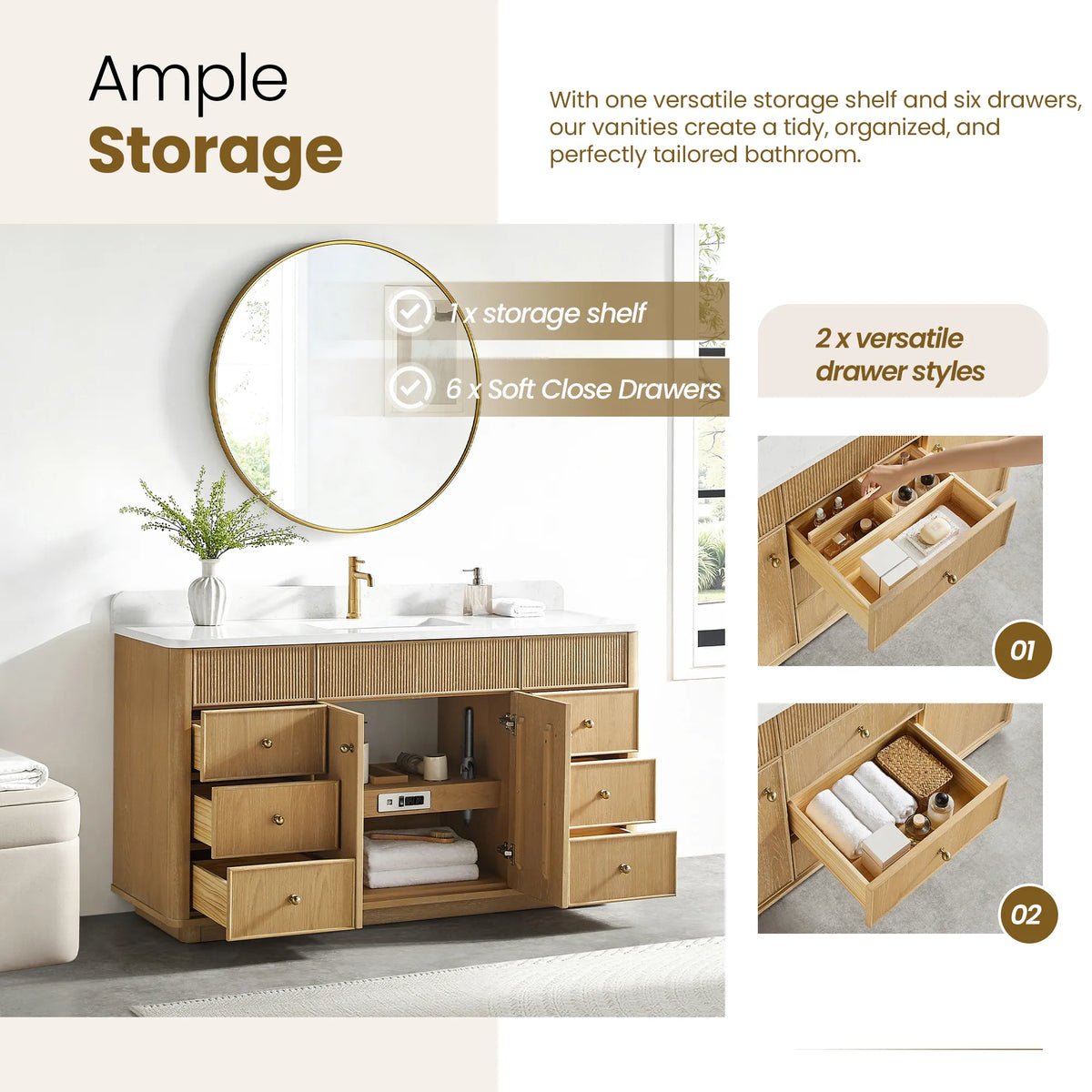 Storage callout listing one fixed shelf and six soft-close drawers, with drawer interiors