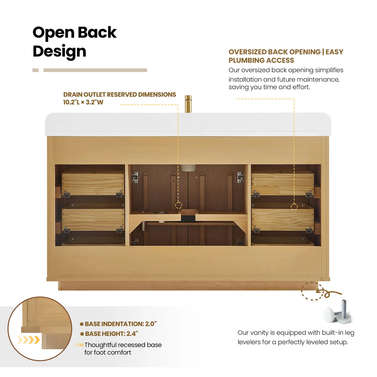 Rear diagram of the Washed Ash Grey cabinet, labeled with the oversized back opening for plumbing