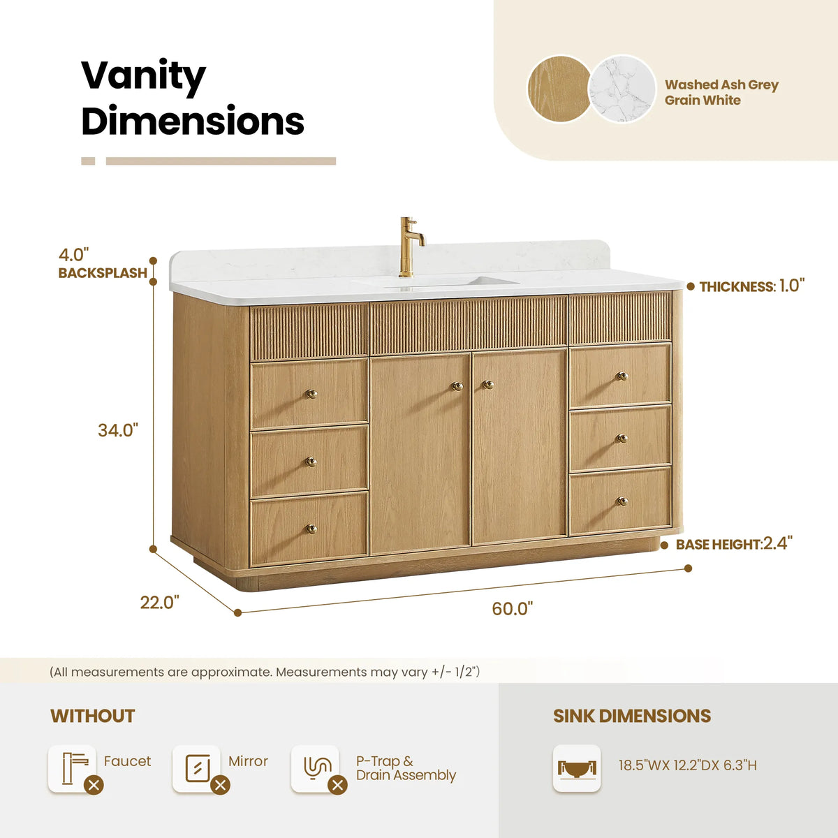 Size diagram for the Washed Ash Grey vanity: 60.0 by 22.0 by 34.0 inches