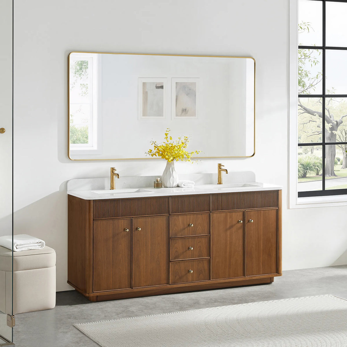 72 inch vanity in Natural Walnut with a gold-framed mirror above and a cream stool on a gray floor