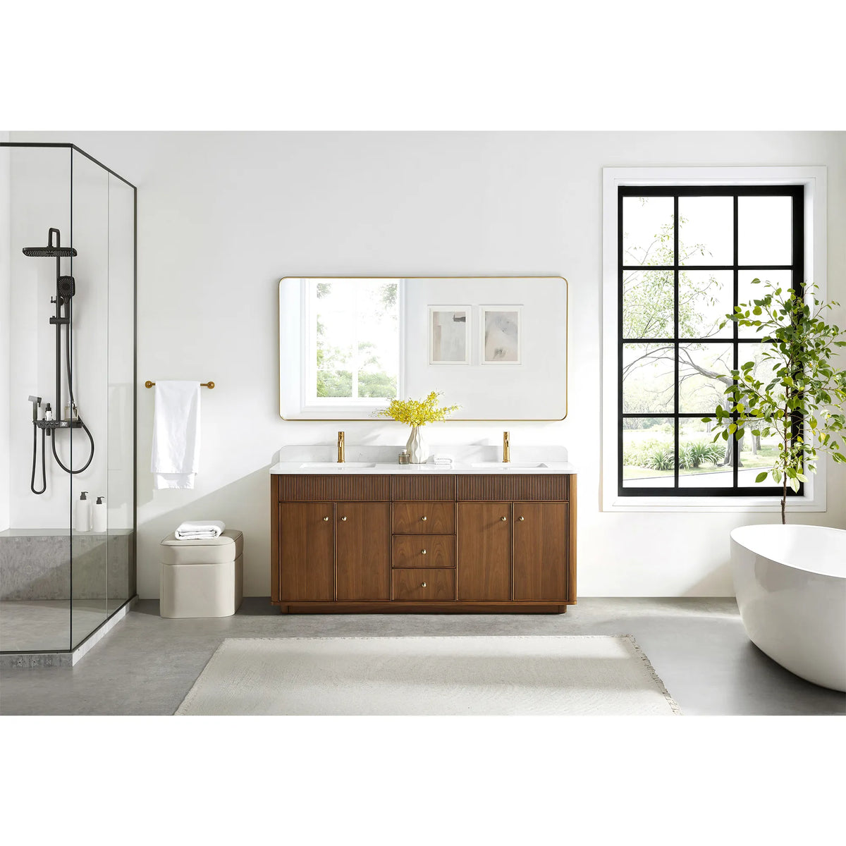 Full room setting for the 72 inch vanity in Natural Walnut, a glass shower on one side and a tub on the other