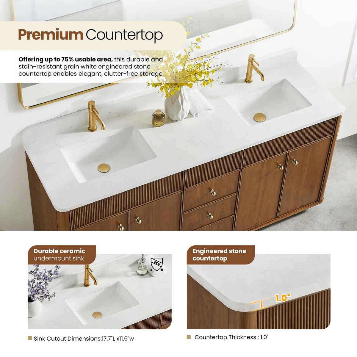Close view of the sink area with insets for the ceramic sink and the composite stone top edge