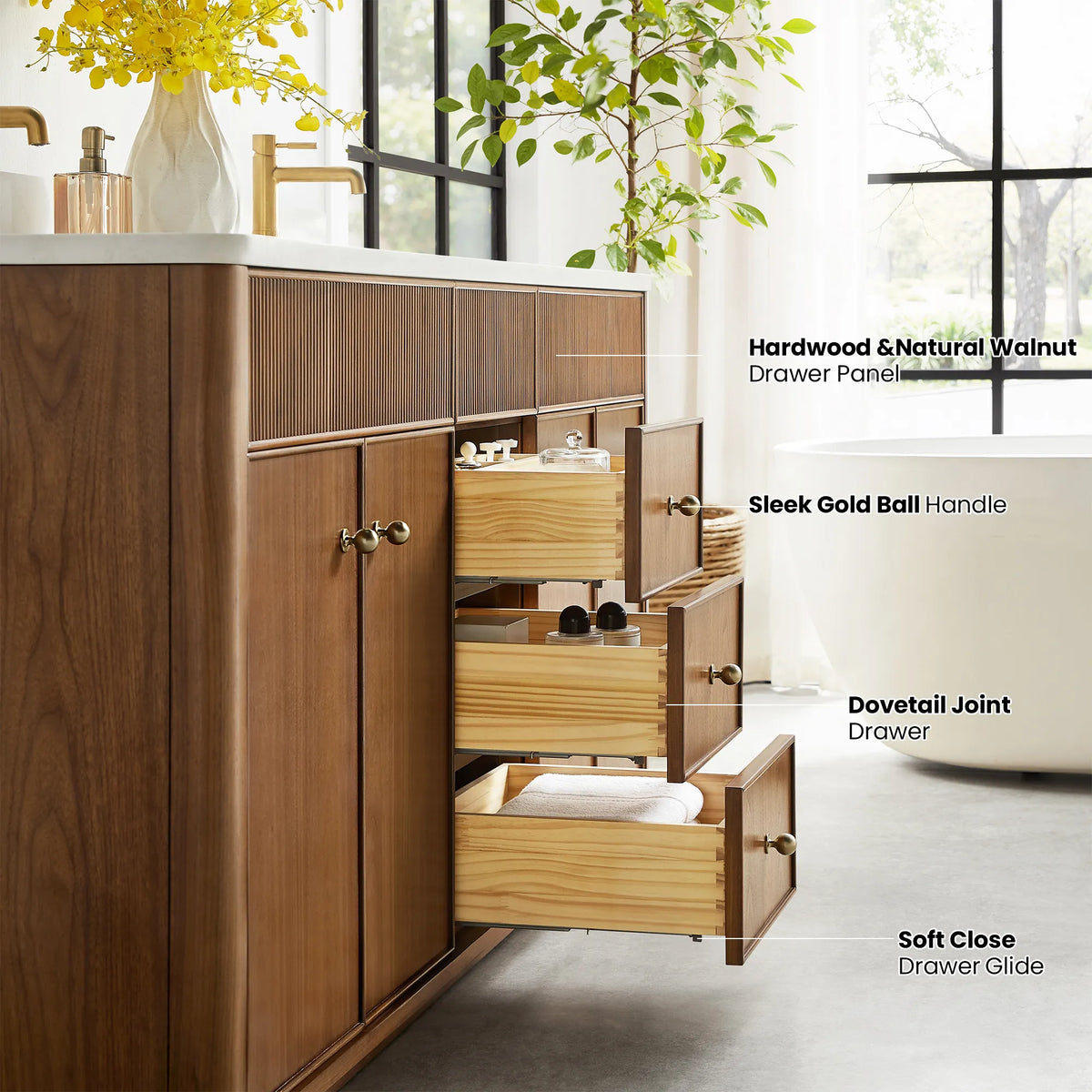 Angled side view of three open drawers with labels for handle, dovetail joint and soft-close glide