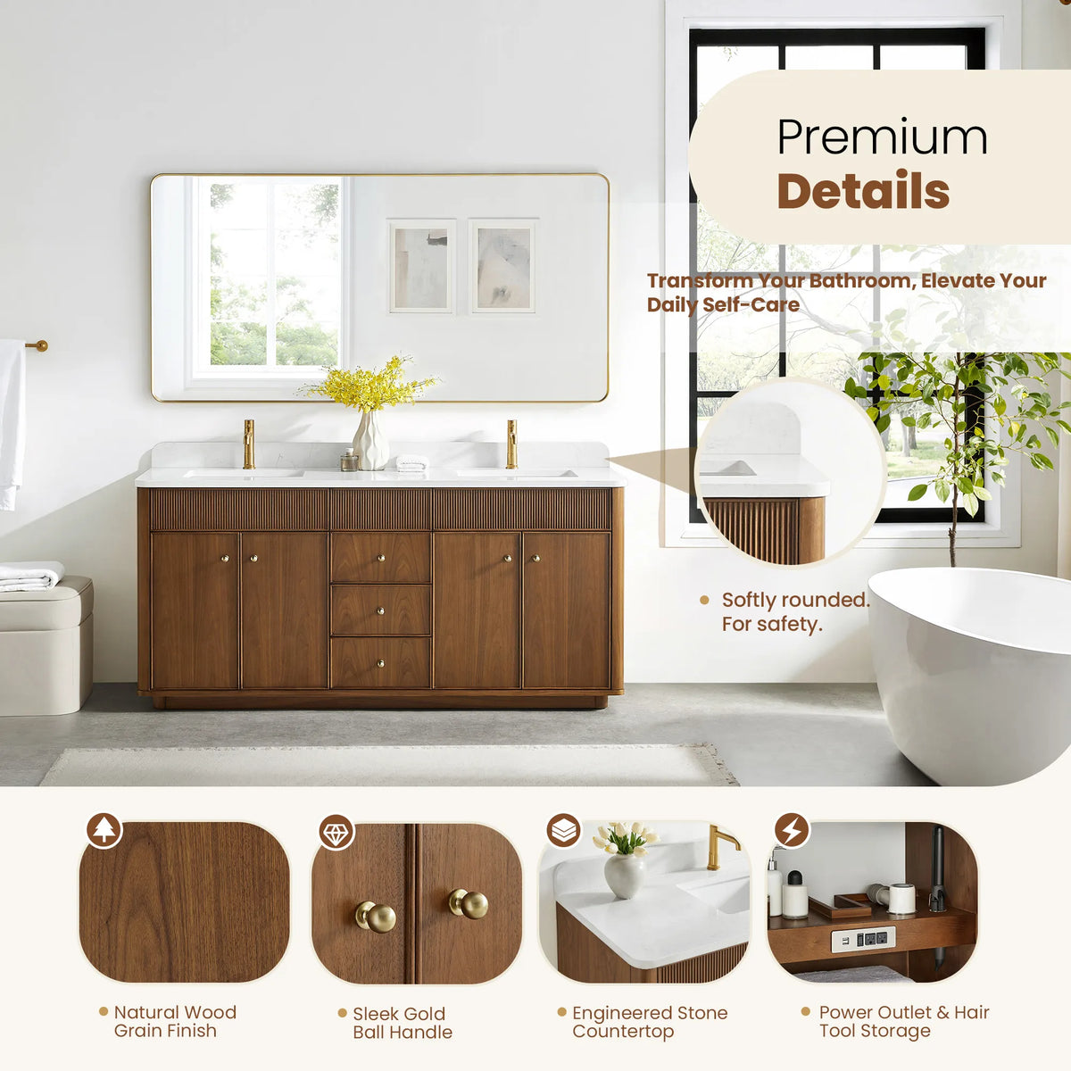 Bathroom view with a detail strip: wood grain, gold ball handle, stone top and hair tool outlets
