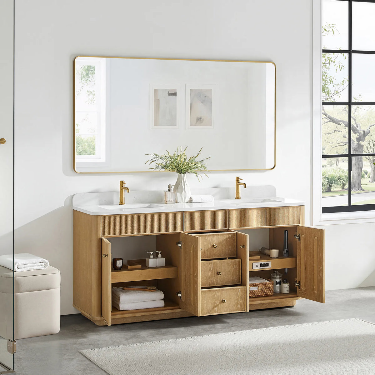Washed Ash Grey double vanity in a bathroom with doors and drawers open, towels folded on the shelves inside