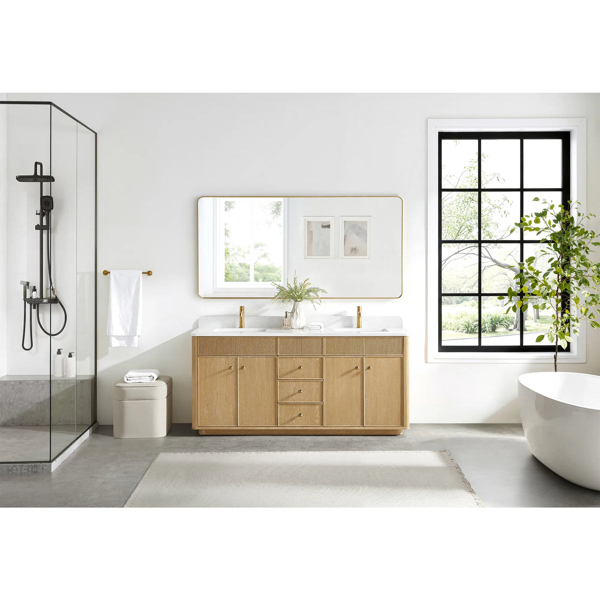 Full room setting for the 72 inch vanity in Washed Ash Grey, a glass shower on one side and a tub on the other