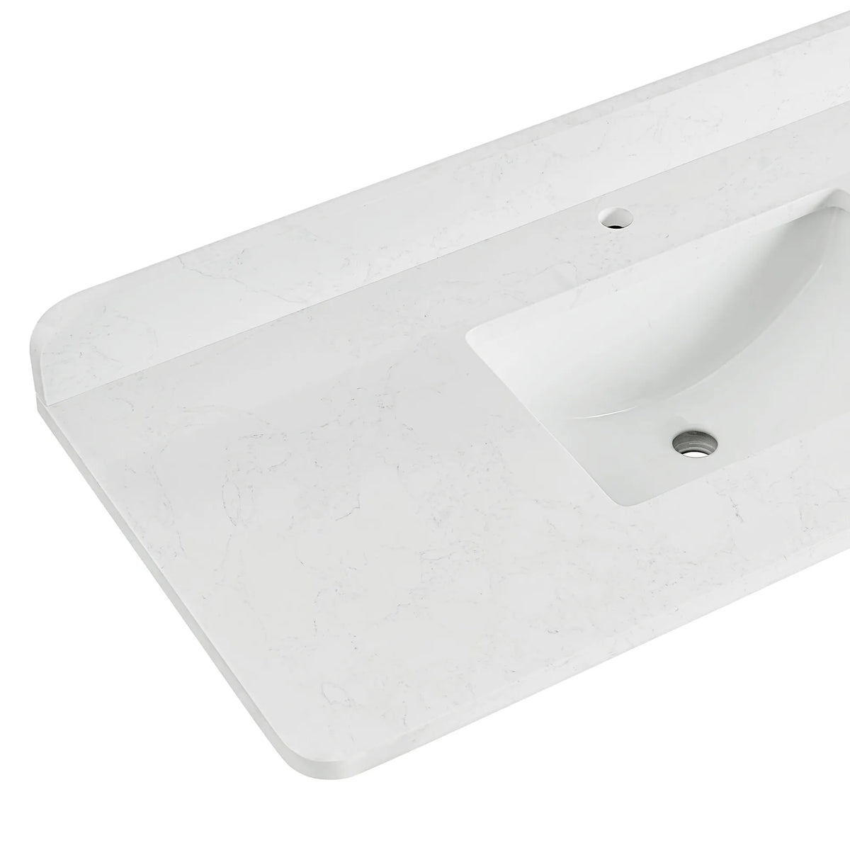 Stone top of the 72 inch vanity up close, with the ceramic basin and faucet hole