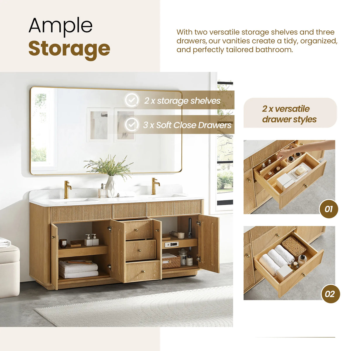 Storage callout listing two fixed shelves and three soft-close drawers, with drawer interiors